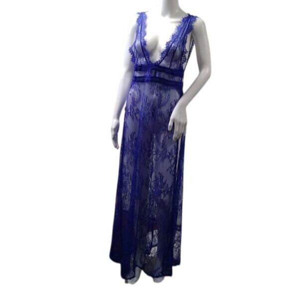 Sheer Lace Gown Wrap Electric Blue Deep V Festival Lingerie Goth S/M - Picture 8 of 13